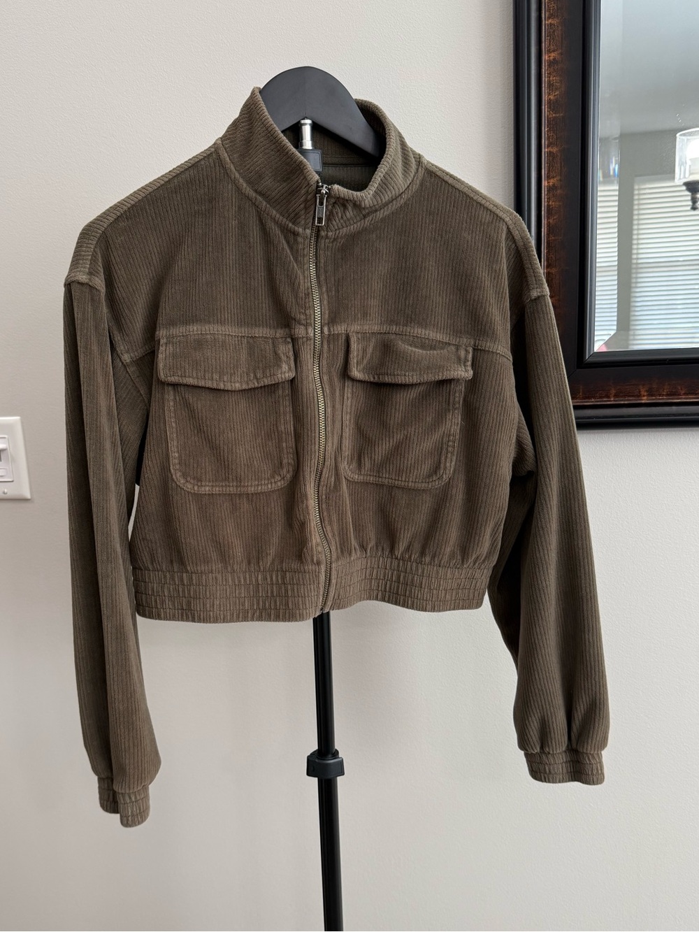 aerie Cropped Corduroy Bomber Jacket - Olive Green